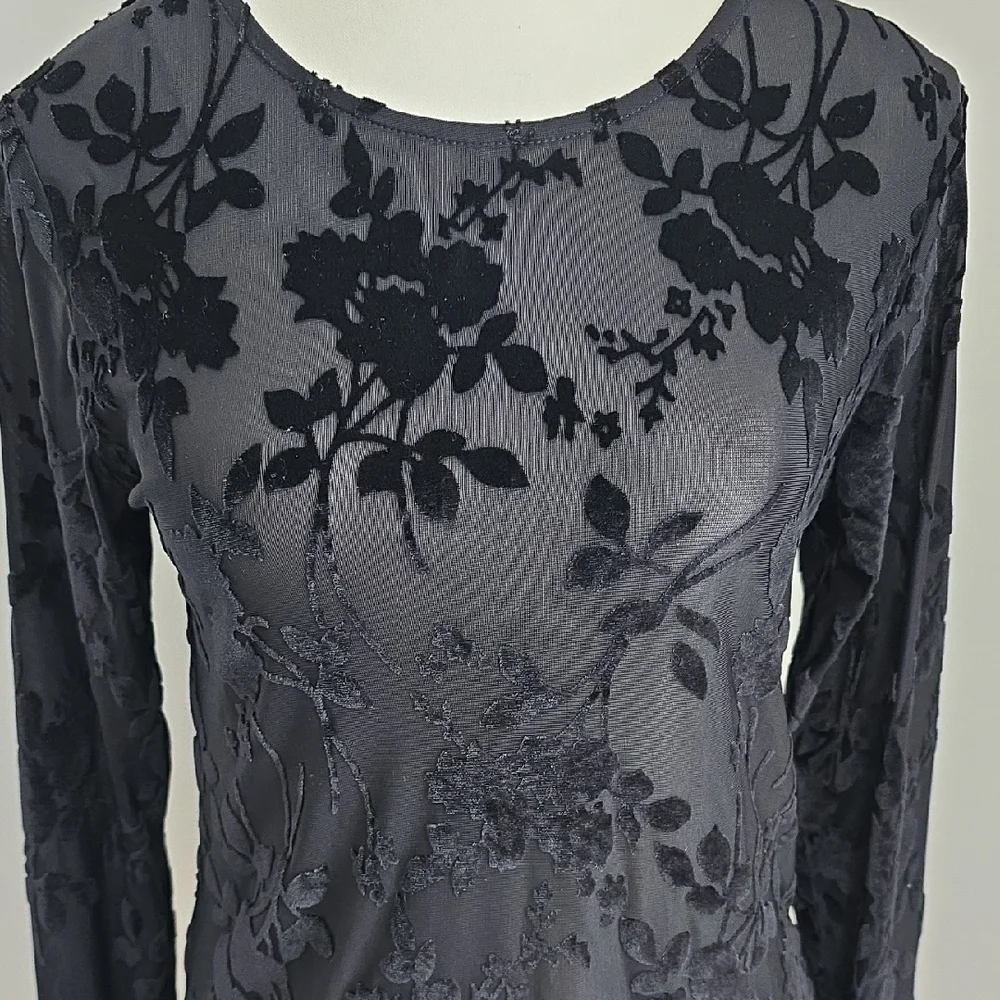 Rachel Zoe Sheer Black Velvet Floral Long Sleeve Top Size Small - Picture 2 of 6